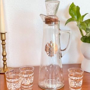 Rare Vintage 1962 Illinois Owens Gold Romanov Decanter & Shot Glass Set MCM